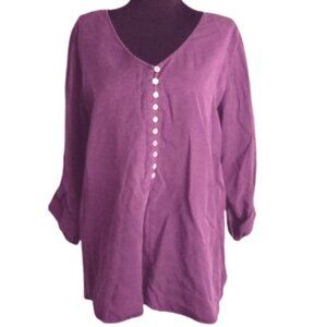 Soft Surroundings Size M Tunic Top Purple Button Front V Neck Roll Tab Sleeves